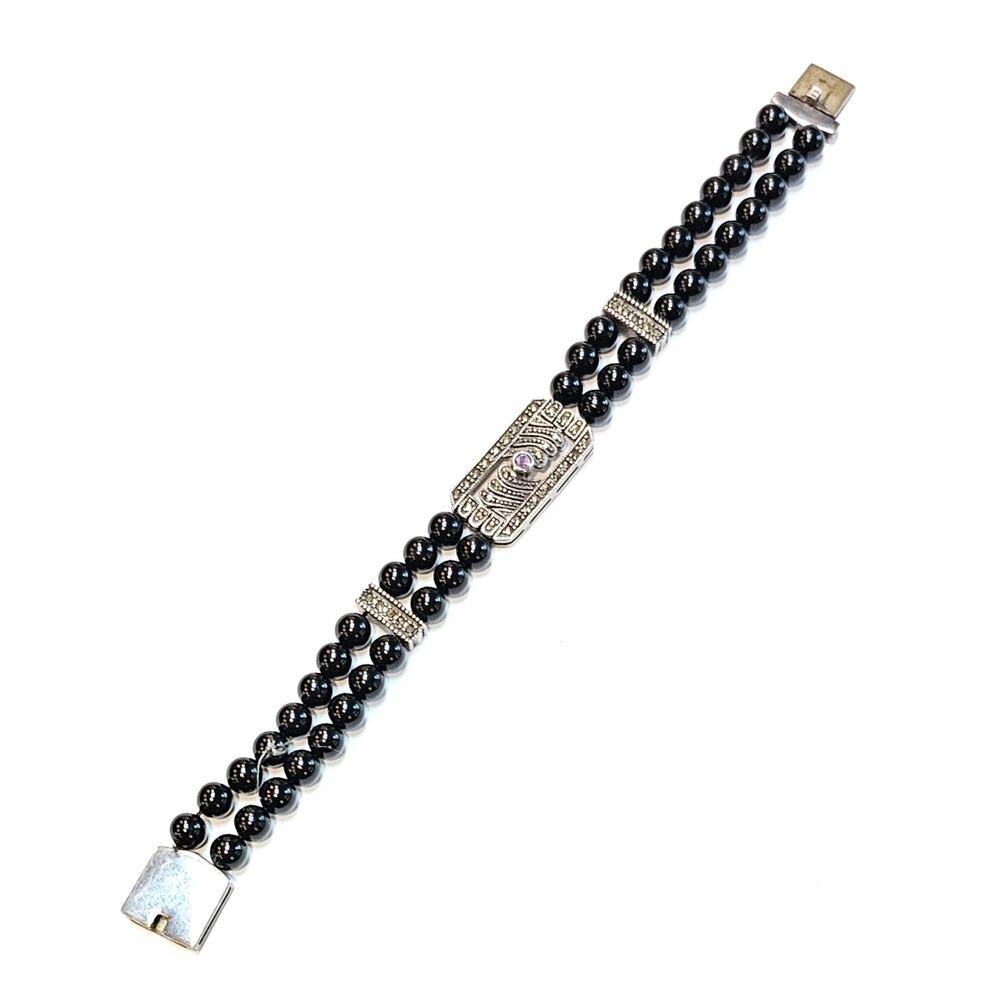 Art Deco Revival Bracelet Sterling Onyx Marcasite Amethyst Double Strand